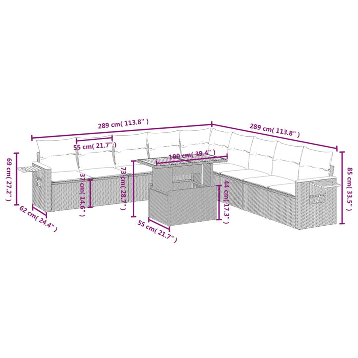 11-delige Tuinset met kussens poly rattan beige