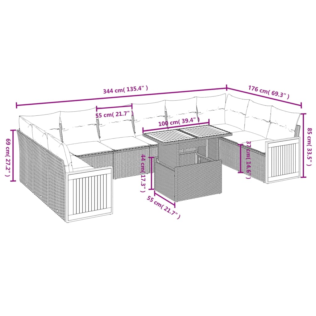 11-delige Tuinset met kussens poly rattan beige