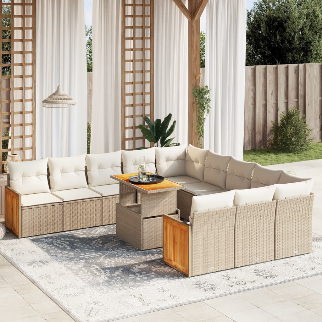 11-delige Tuinset met kussens poly rattan beige