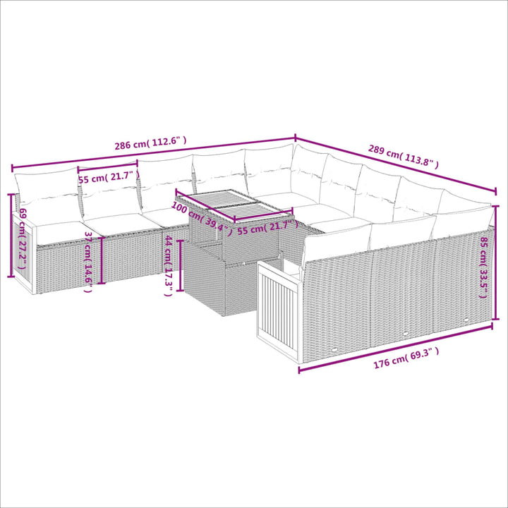 11-delige Tuinset met kussens poly rattan beige