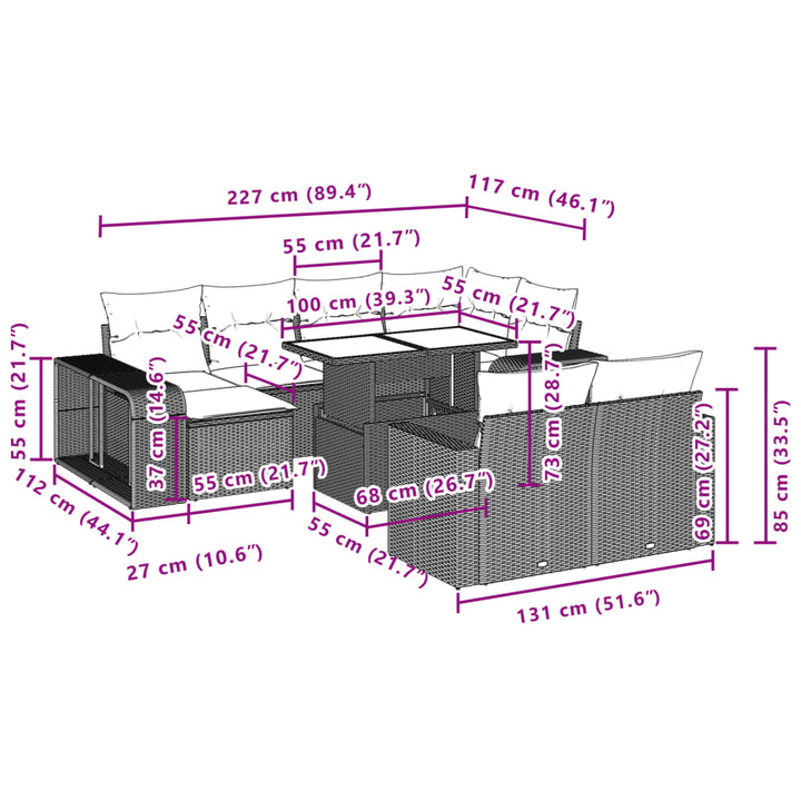 11-delige Tuinset met kussens poly rattan beige