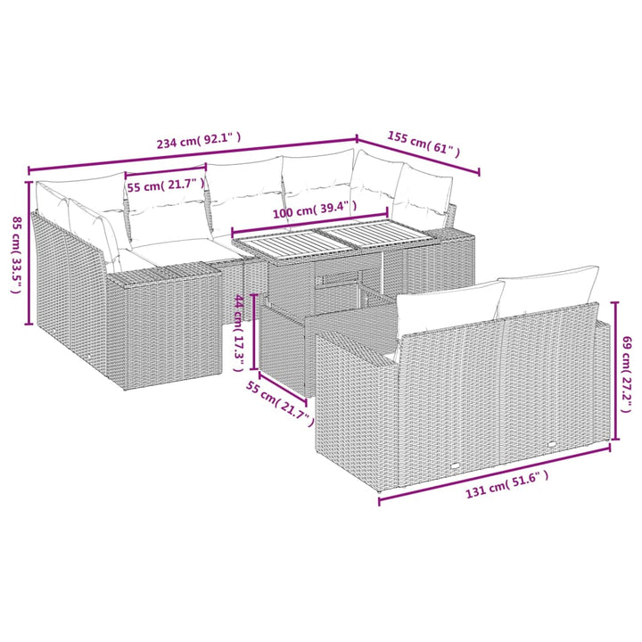 11-delige Tuinset met kussens poly rattan beige