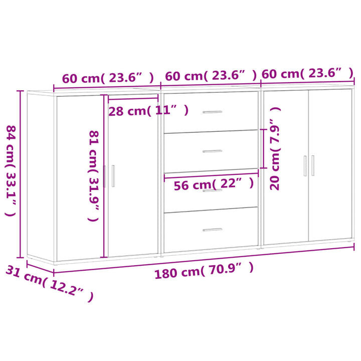 Dressoirs 3 st 60x31x84 cm bewerkt hout zwart