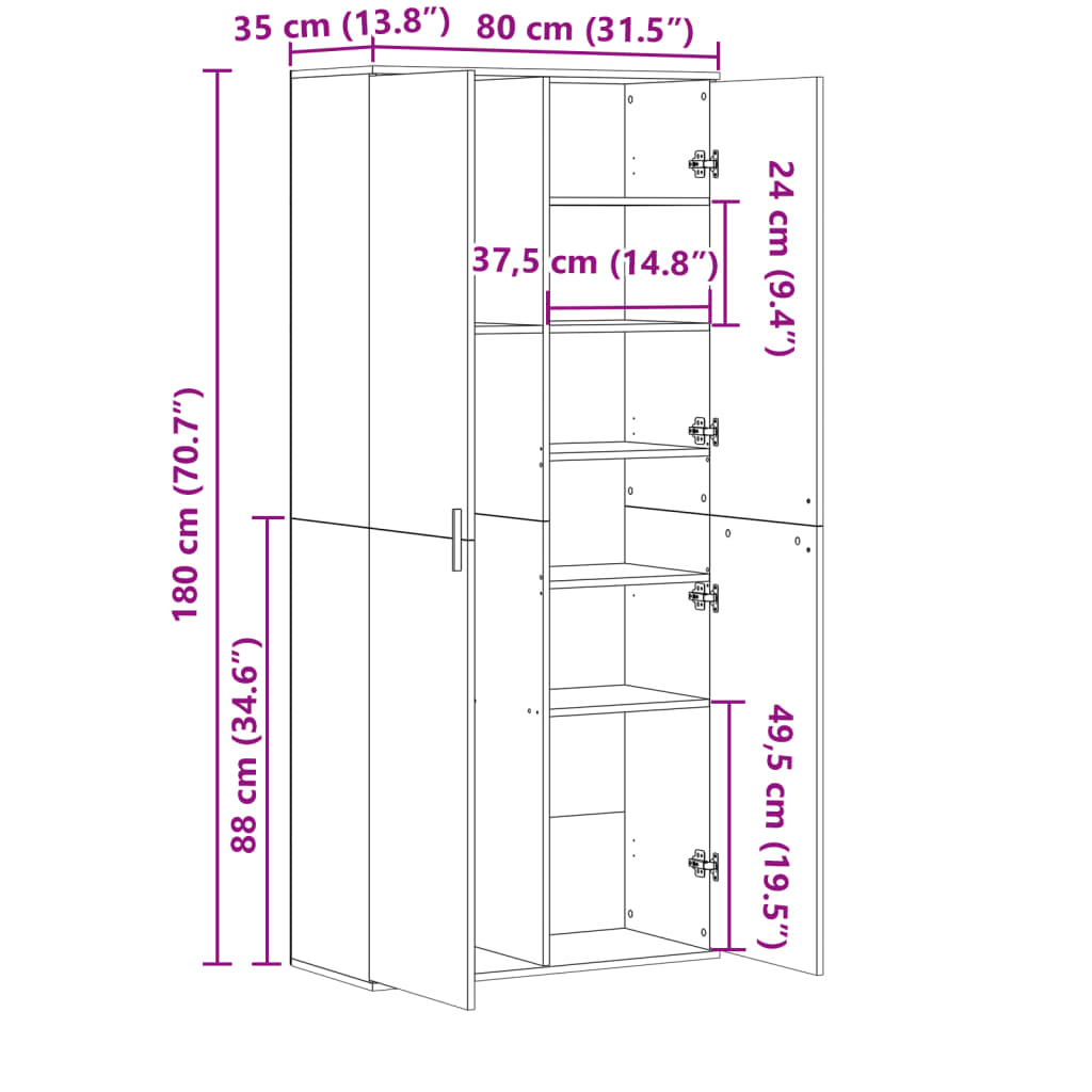 Hoge kast 80x35x180 cm bewerkt hout sonoma eikenkleurig