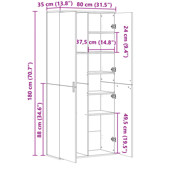 Hoge kast 80x35x180 cm bewerkt hout bruin eikenkleurig