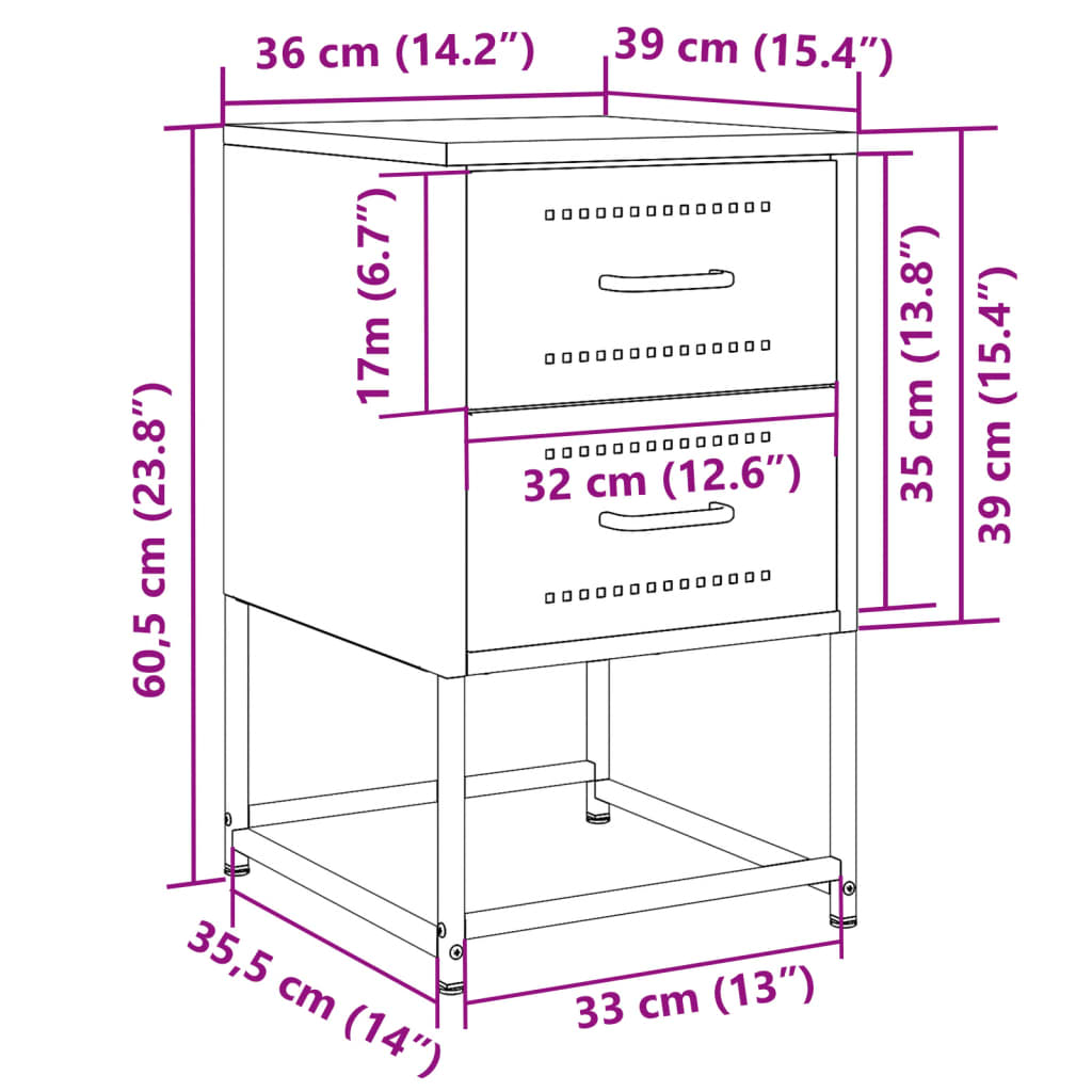 Nachtkastjes 2 st 36x39x60,5 cm staal mosterdgeel