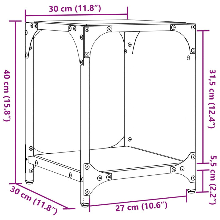 Salontafel met transparant glazen blad 30x30x40 cm staal