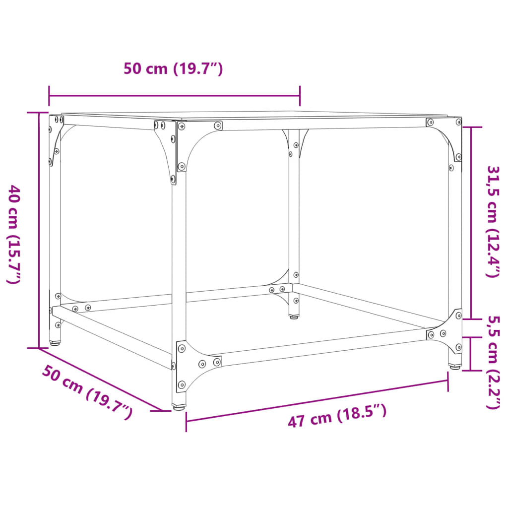 Salontafel met zwart glazen blad 50x50x40 cm staal