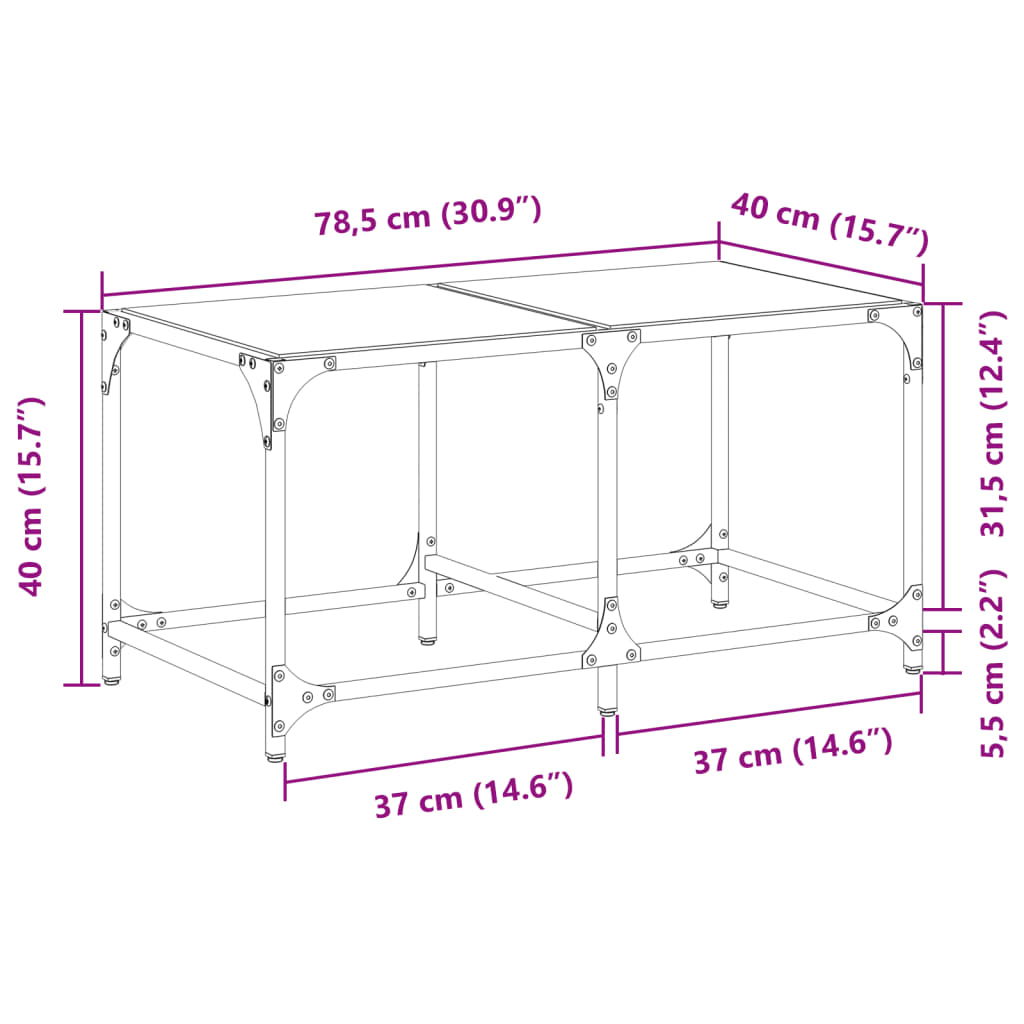 Salontafel met zwart glazen blad 78,5x40x40 cm staal