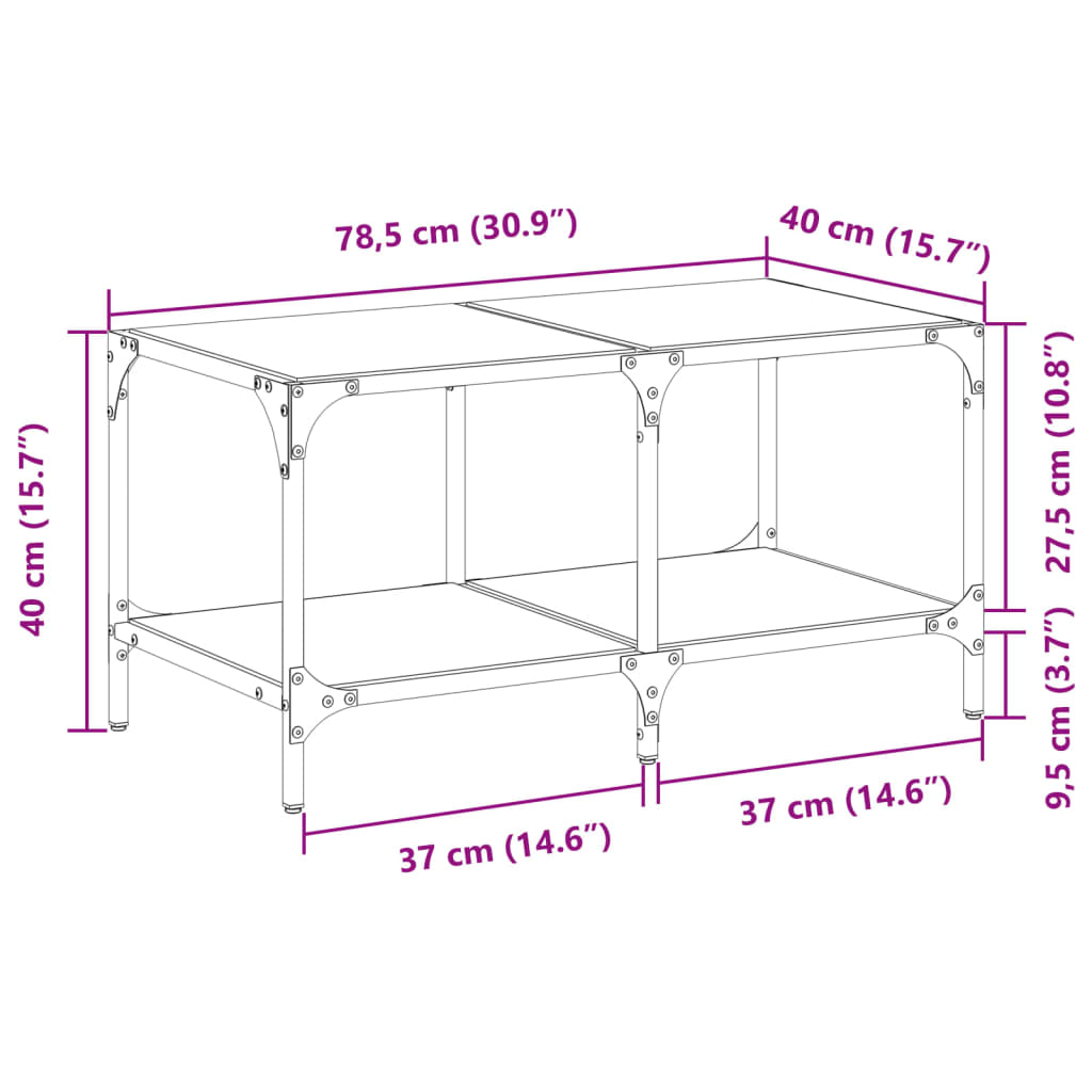 Salontafel met transparant glazen blad 78,5x40x40 cm staal