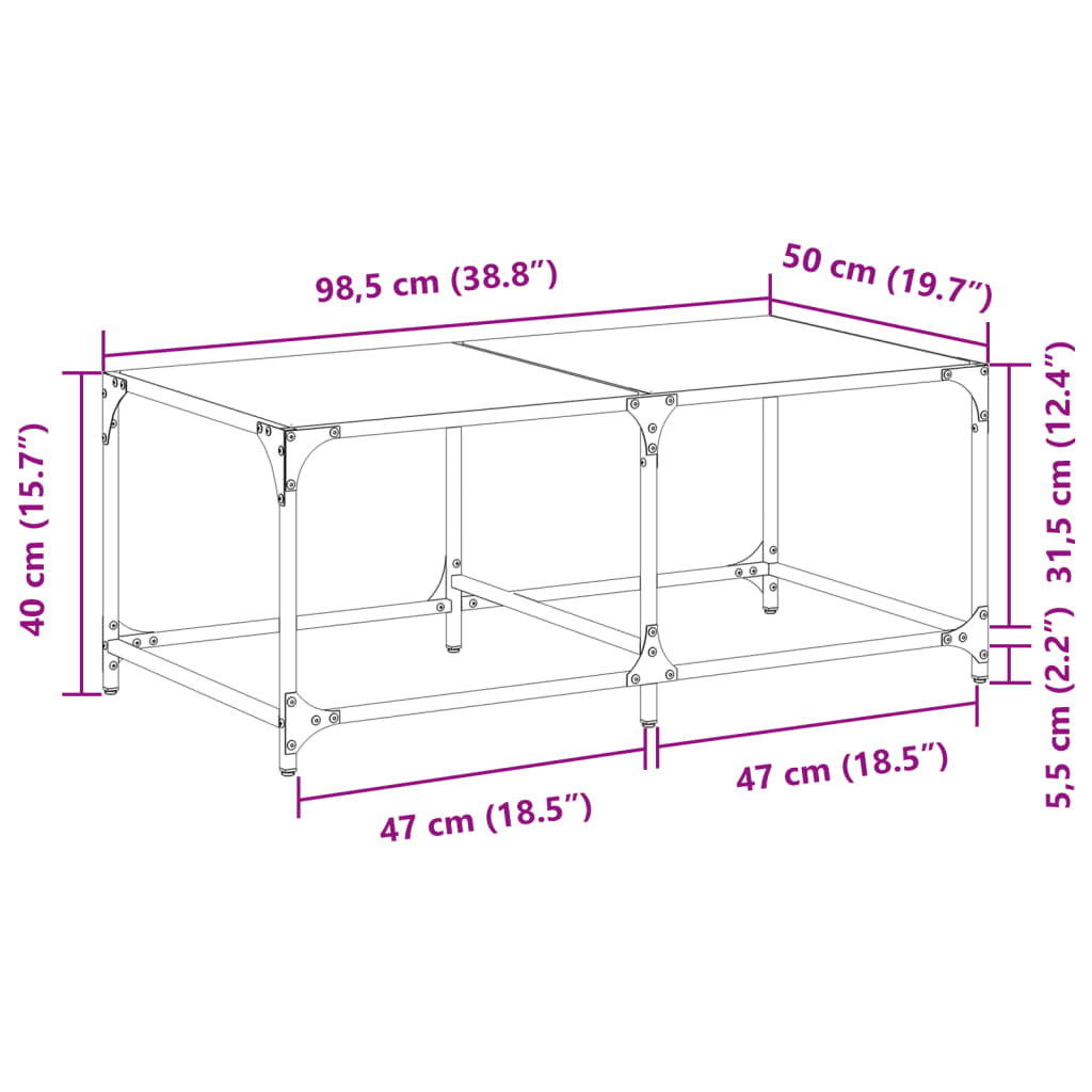 Salontafel met transparant glazen blad 98,5x50x40 cm staal