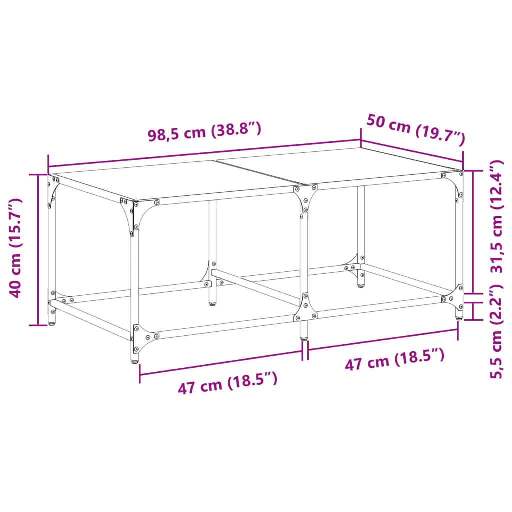 Salontafel met zwart glazen blad 98,5x50x40 cm staal