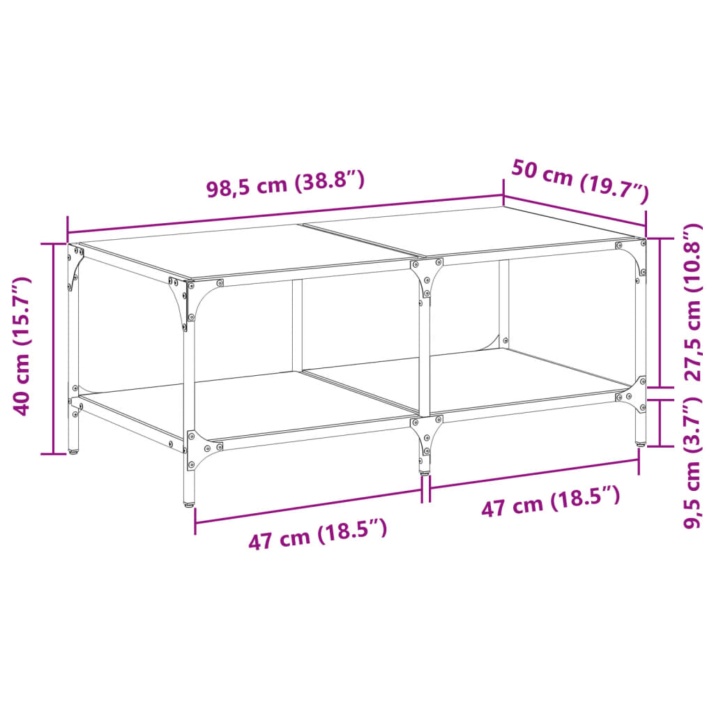 Salontafel met zwart glazen blad 98,5x50x40 cm staal