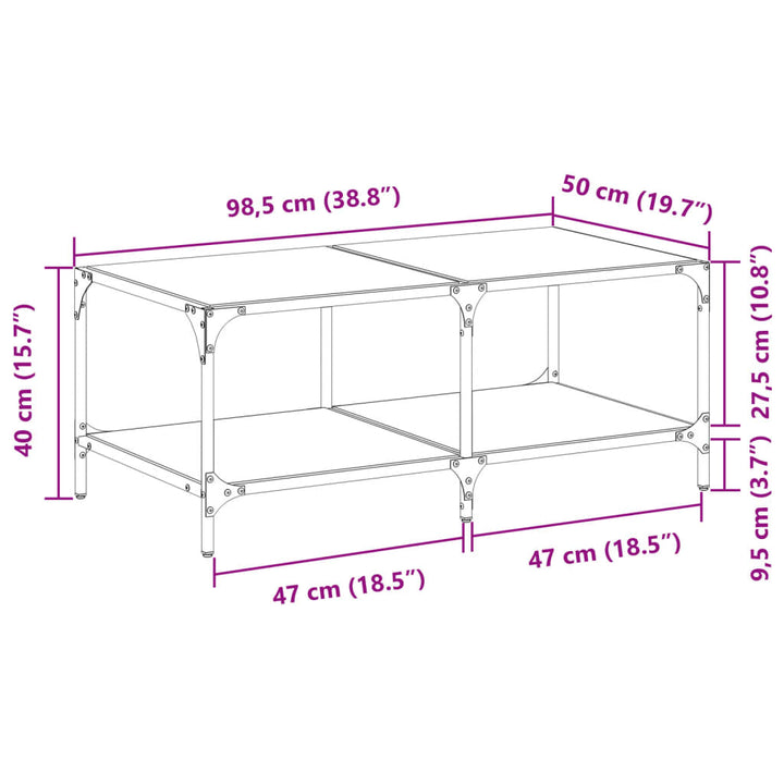 Salontafel met zwart glazen blad 98,5x50x40 cm staal