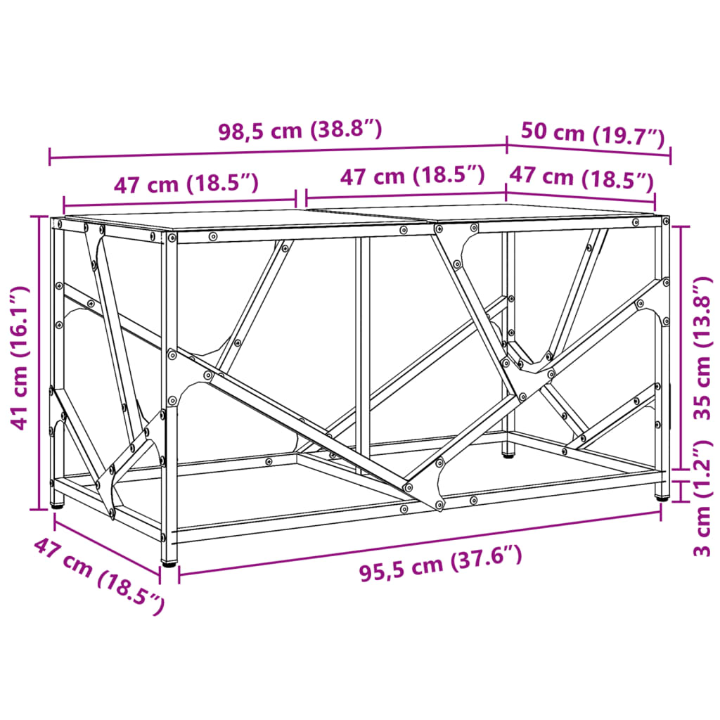 Salontafel met transparant glazen blad 98,5x50x41 cm staal