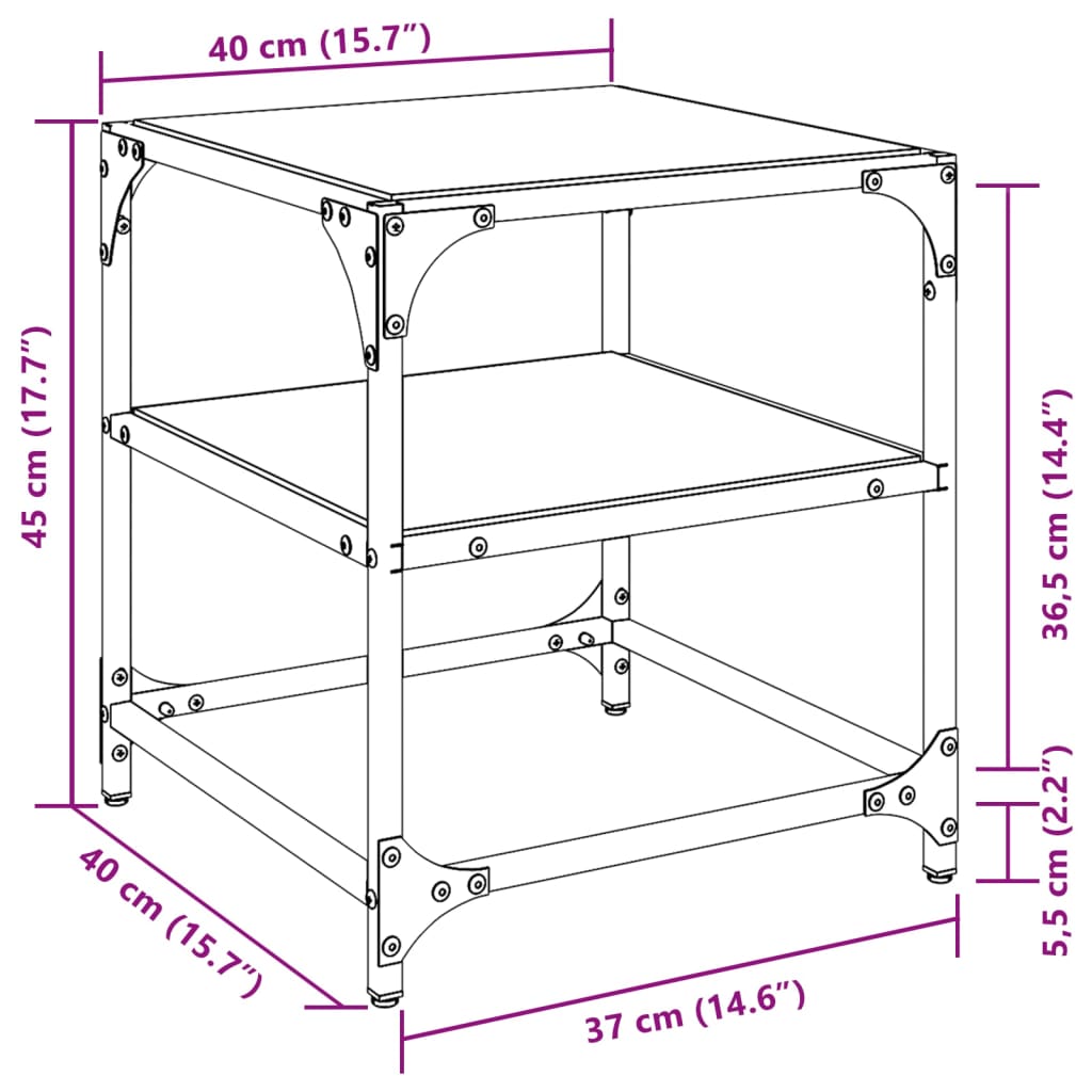 Salontafel met zwart glazen blad 40x40x45 cm staal