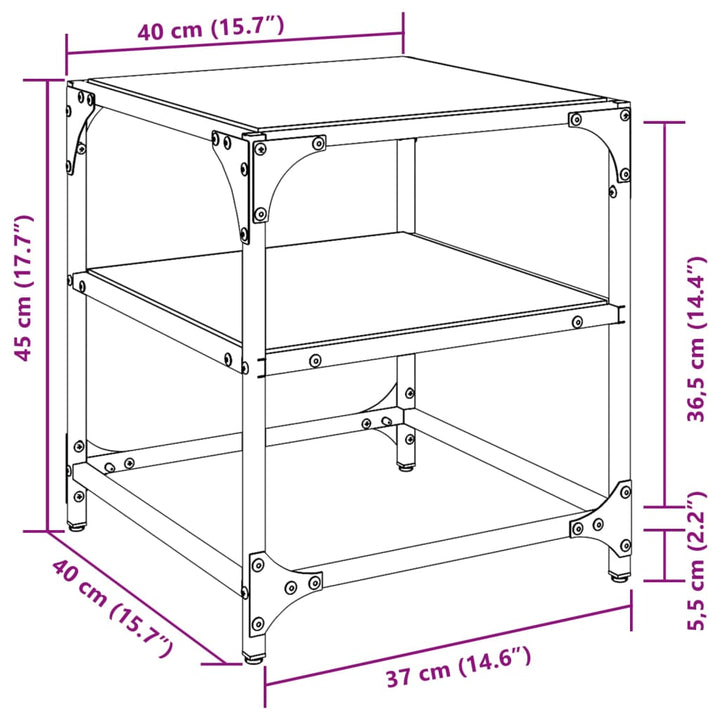 Salontafel met zwart glazen blad 40x40x45 cm staal