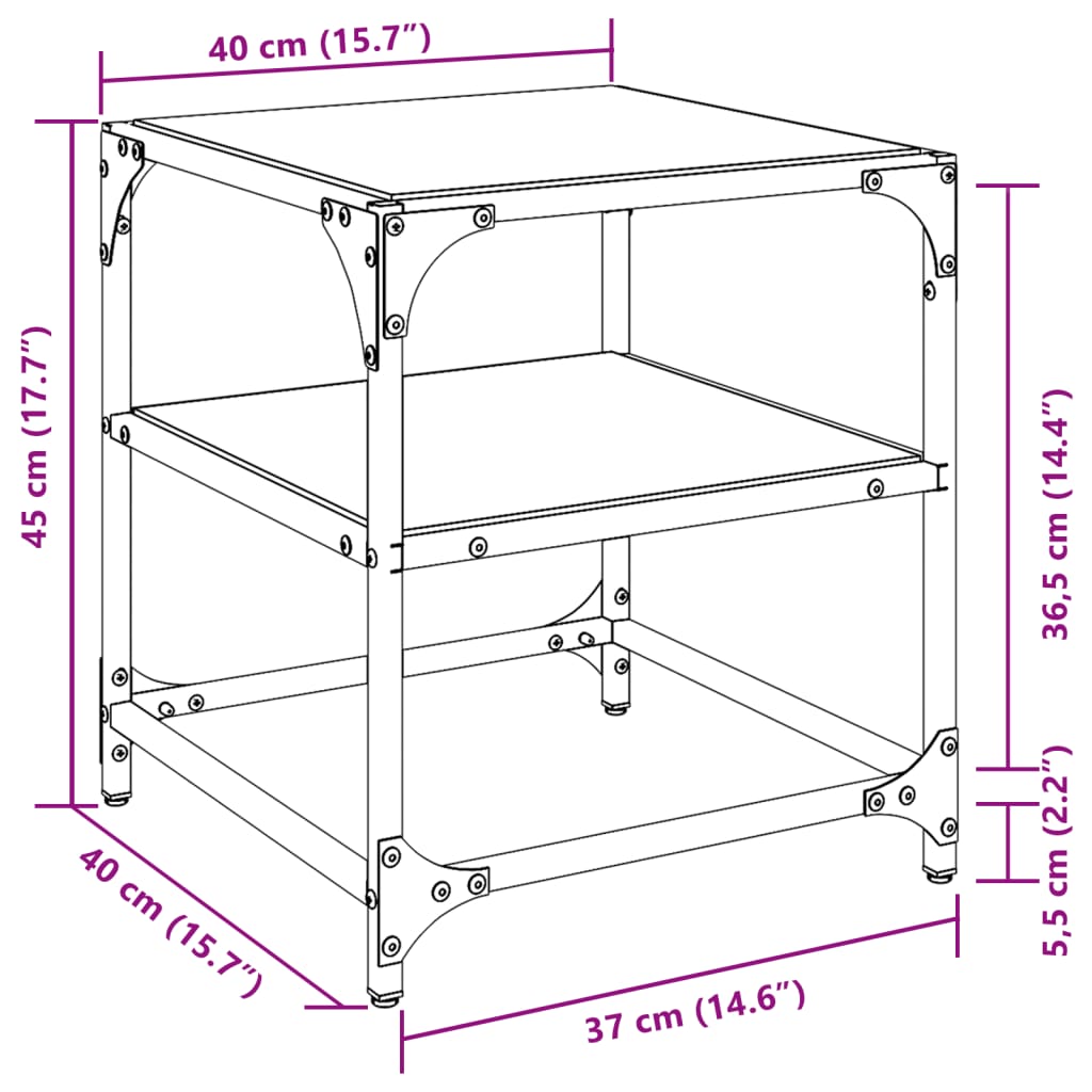 Salontafels 2 st met zwart glazen blad 40x40x45 cm staal