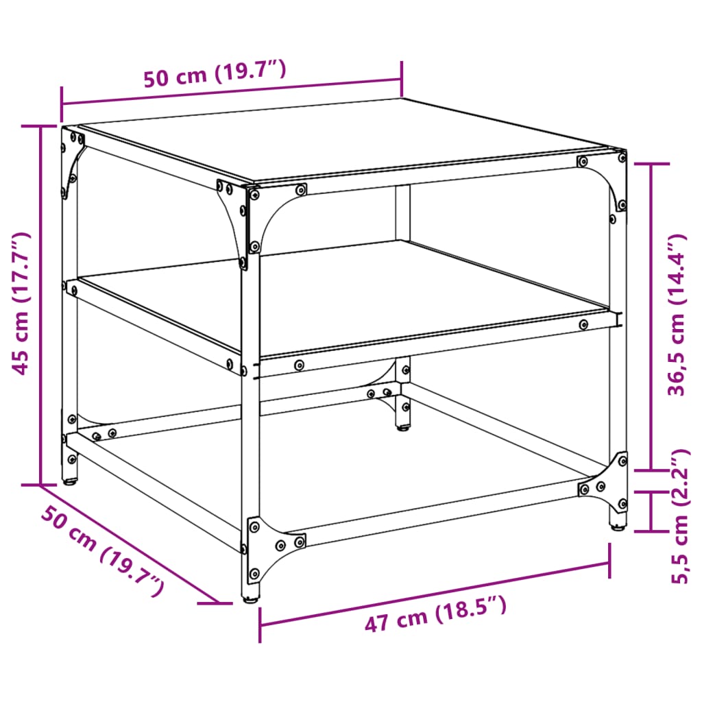 Salontafel met transparant glazen blad 50x50x45 cm staal