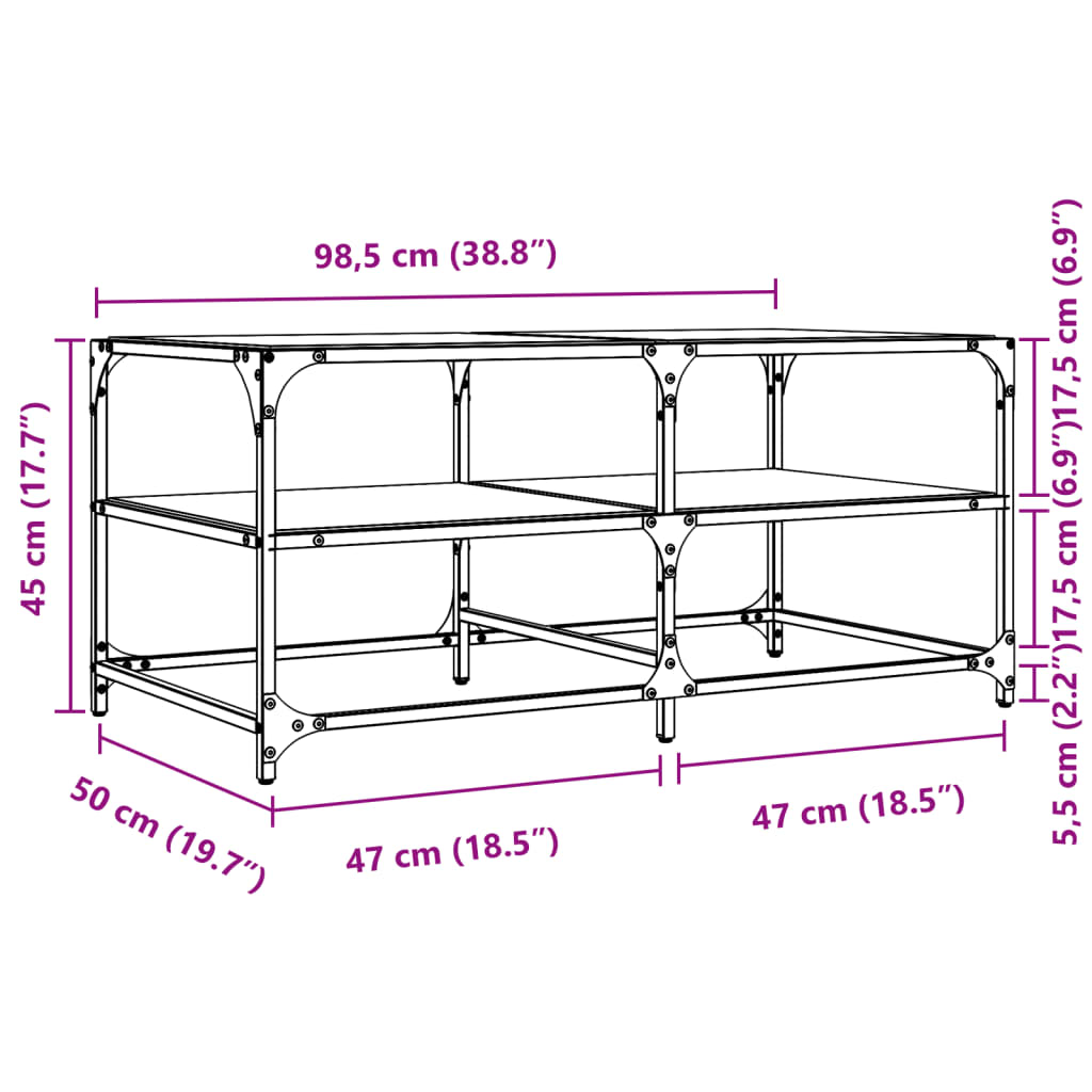 Salontafel met transparant glazen blad 98,5x50x45 cm staal