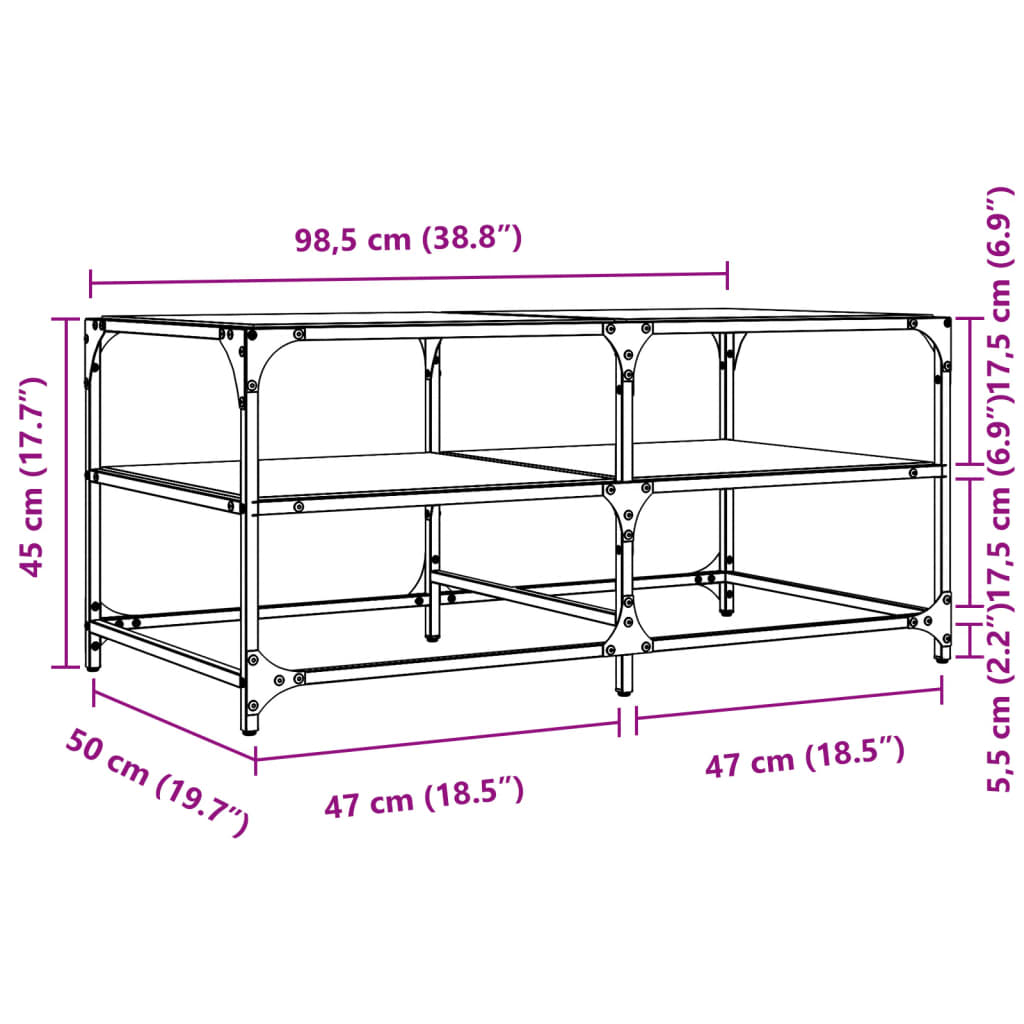 Salontafel met zwart glazen blad 98,5x50x45 cm staal