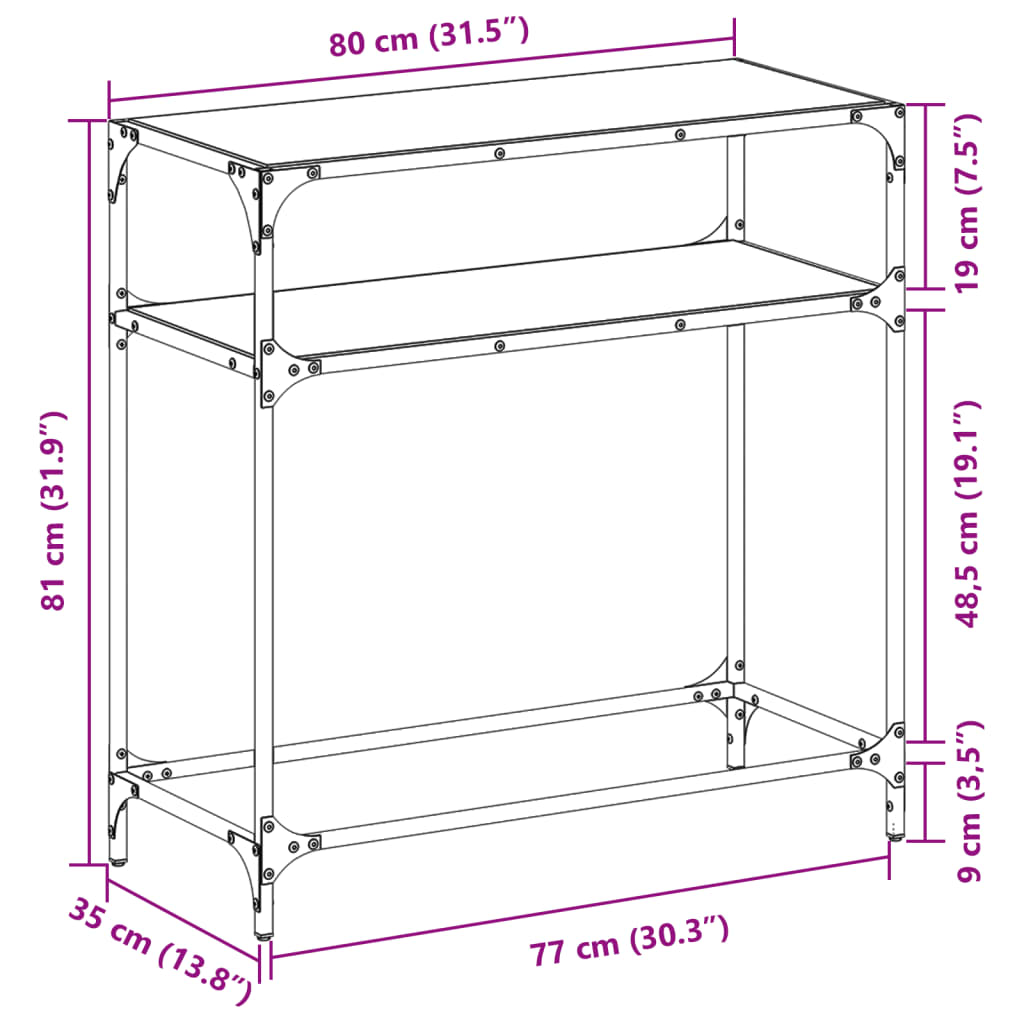 Wandtafel met transparant glazen blad 80x35x81 cm staal