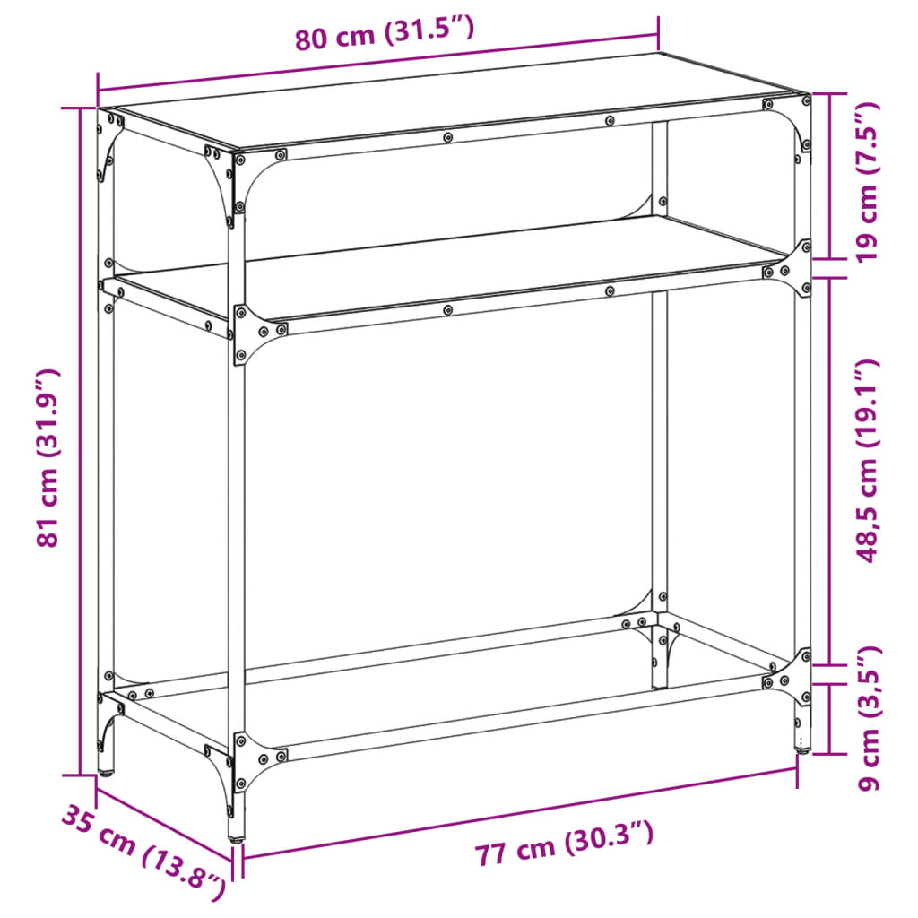 Wandtafel met zwart glazen blad 80x35x81 cm staal