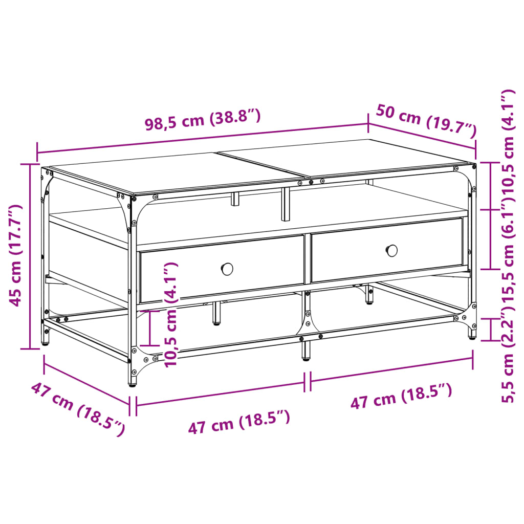 Salontafel met zwart glazen blad 98,5x50x45 cm staal