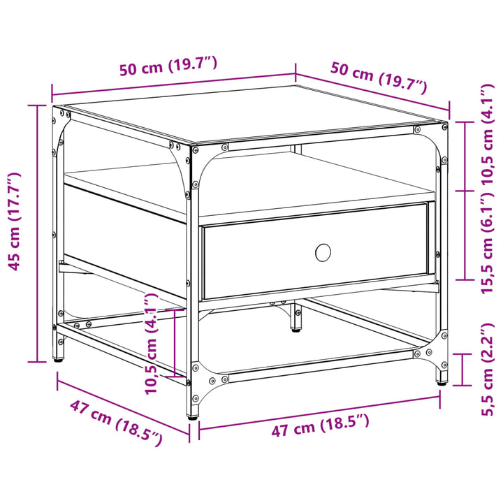 Salontafel met glazen blad 50x50x45 cm gerookt eiken staal