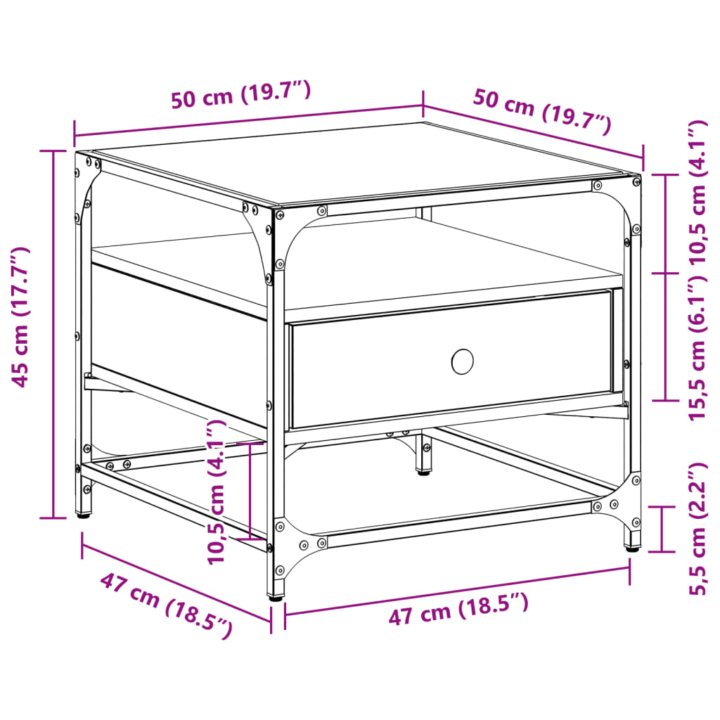 Salontafel met glazen blad 50x50x45 cm bruineiken staal