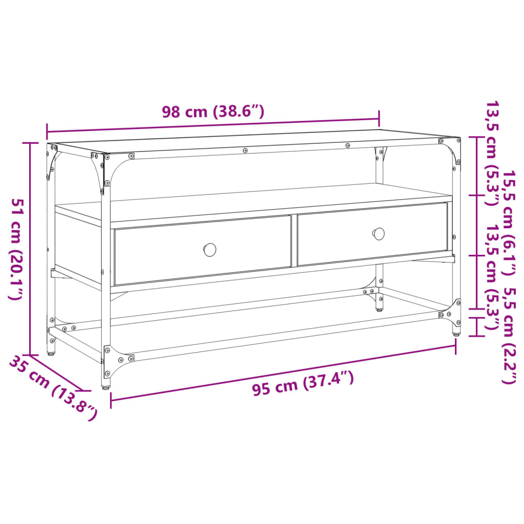 Tv-meubel met glazen blad 98x35x51 cm hout gerookt eikenkleurig