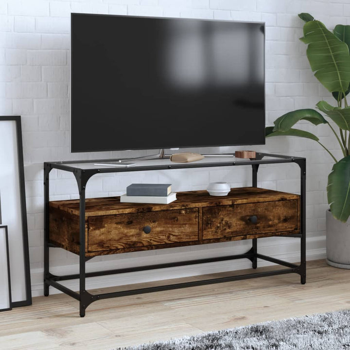 Tv-meubel met glazen blad 98x35x51 cm hout gerookt eikenkleurig