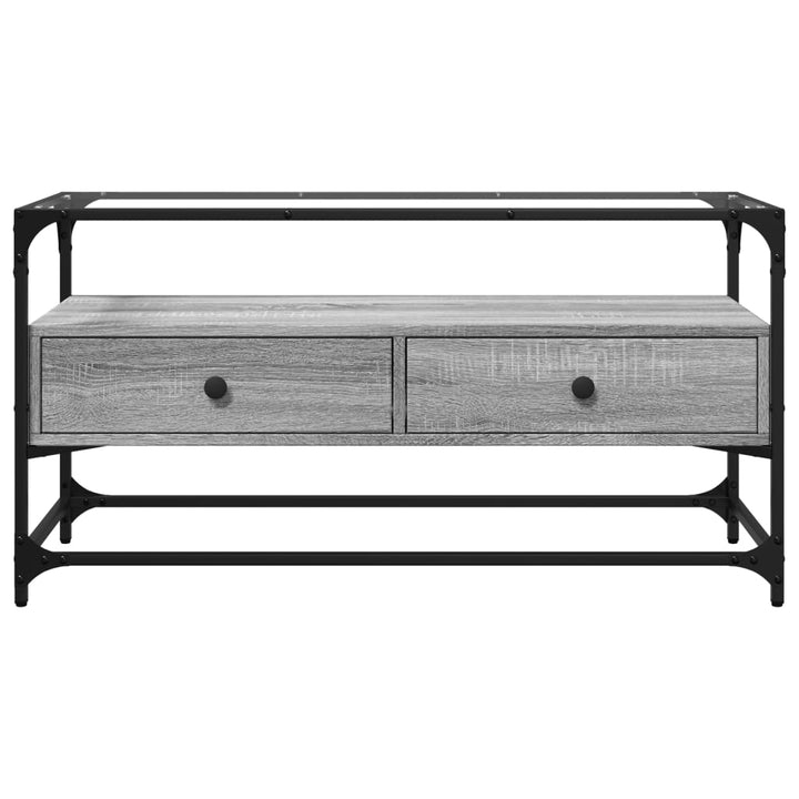 Tv-meubel met glazen blad 98x35x51 cm bewerkt hout grijs sonoma