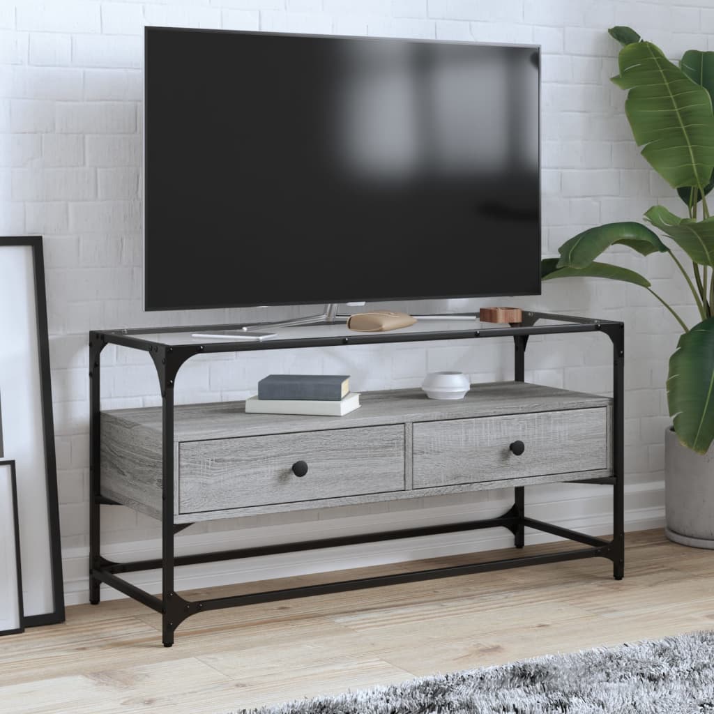 Tv-meubel met glazen blad 98x35x51 cm bewerkt hout grijs sonoma