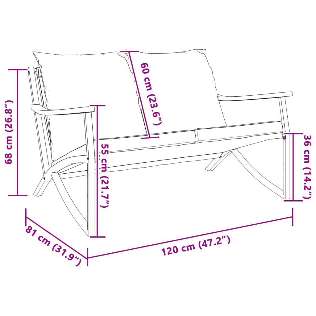 Tuinbank met kussens 120 cm staal zwart