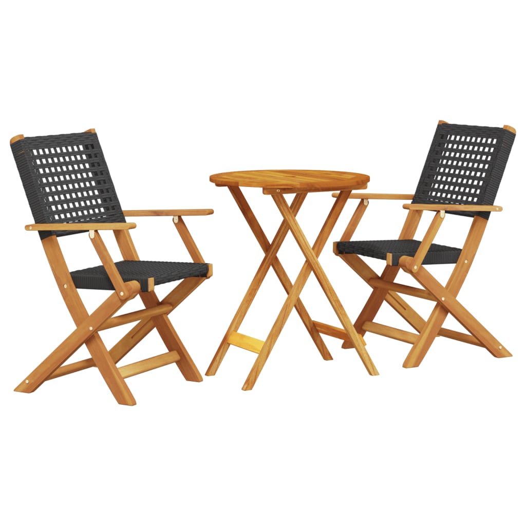 3-delige Bistroset poly rattan en massief hout zwart