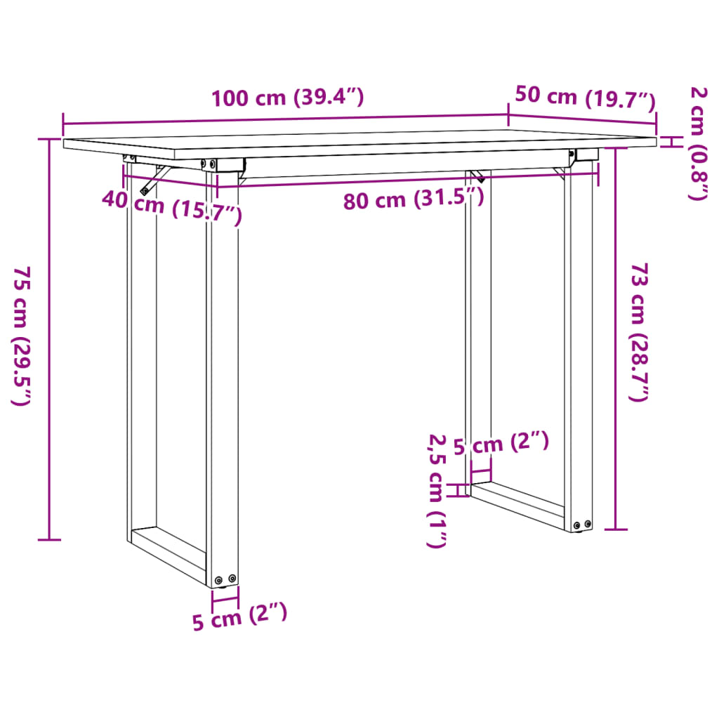 Eettafel O-frame 100x50x75 cm massief grenenhout en gietijzer