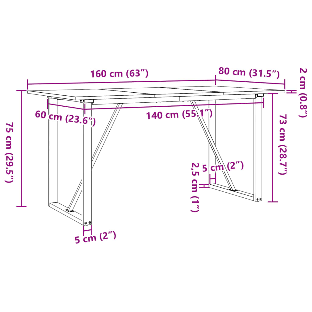 Eettafel O-frame 160x80x75 cm massief grenenhout en gietijzer