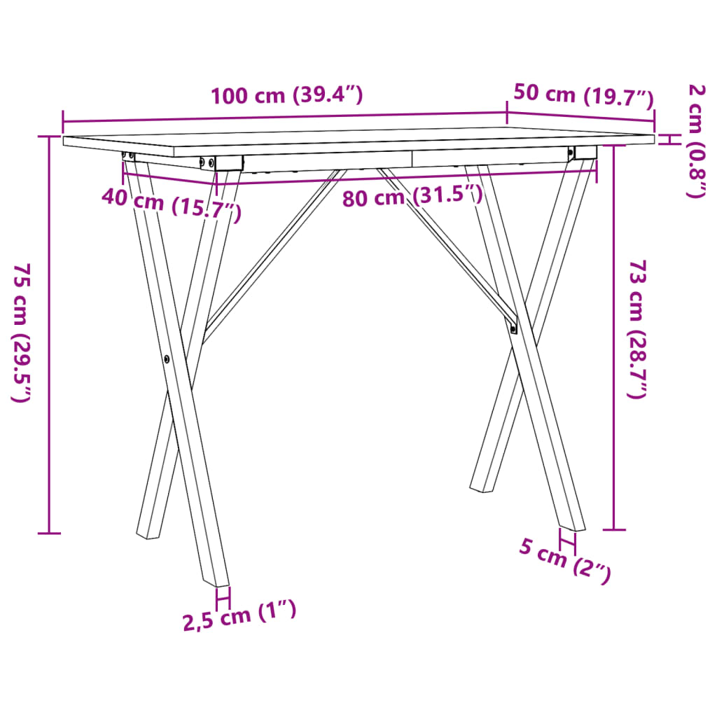 Eettafel X-frame 100x50x75 cm massief grenenhout en gietijzer