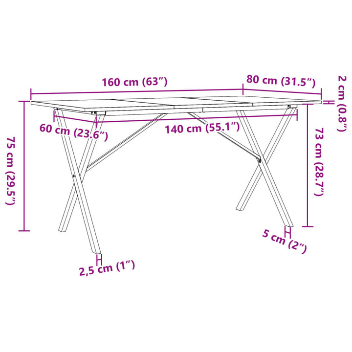 Eettafel X-frame 160x80x75 cm massief grenenhout en gietijzer