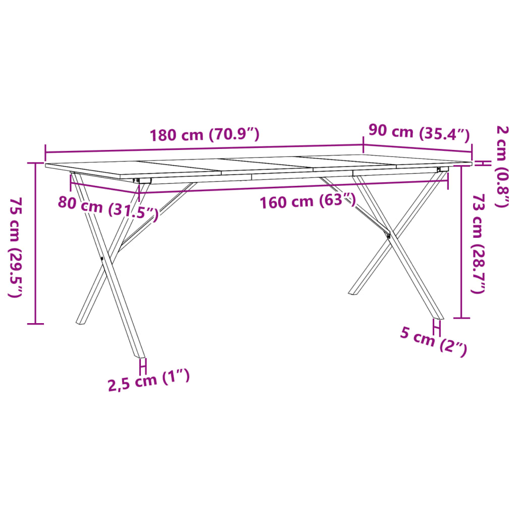 Eettafel X-frame 180x90x75 cm massief grenenhout en gietijzer