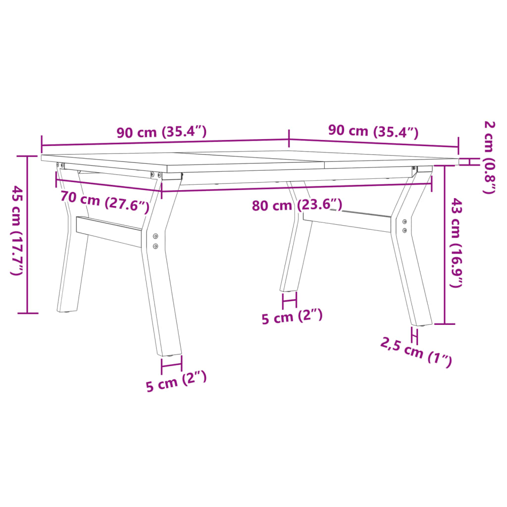 Salontafel Y-frame 90x90x45 cm massief grenenhout en gietijzer