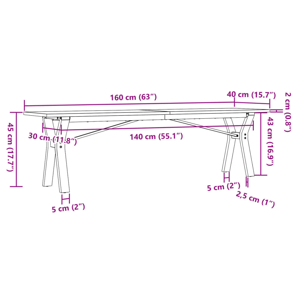 Salontafel Y-frame 160x40x45 cm massief grenenhout en gietijzer