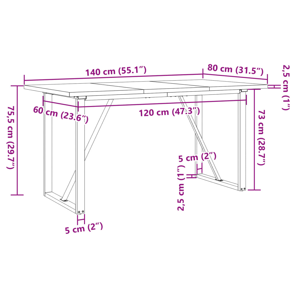 Eettafel O-frame 140x80x75,5 cm massief grenenhout en gietijzer