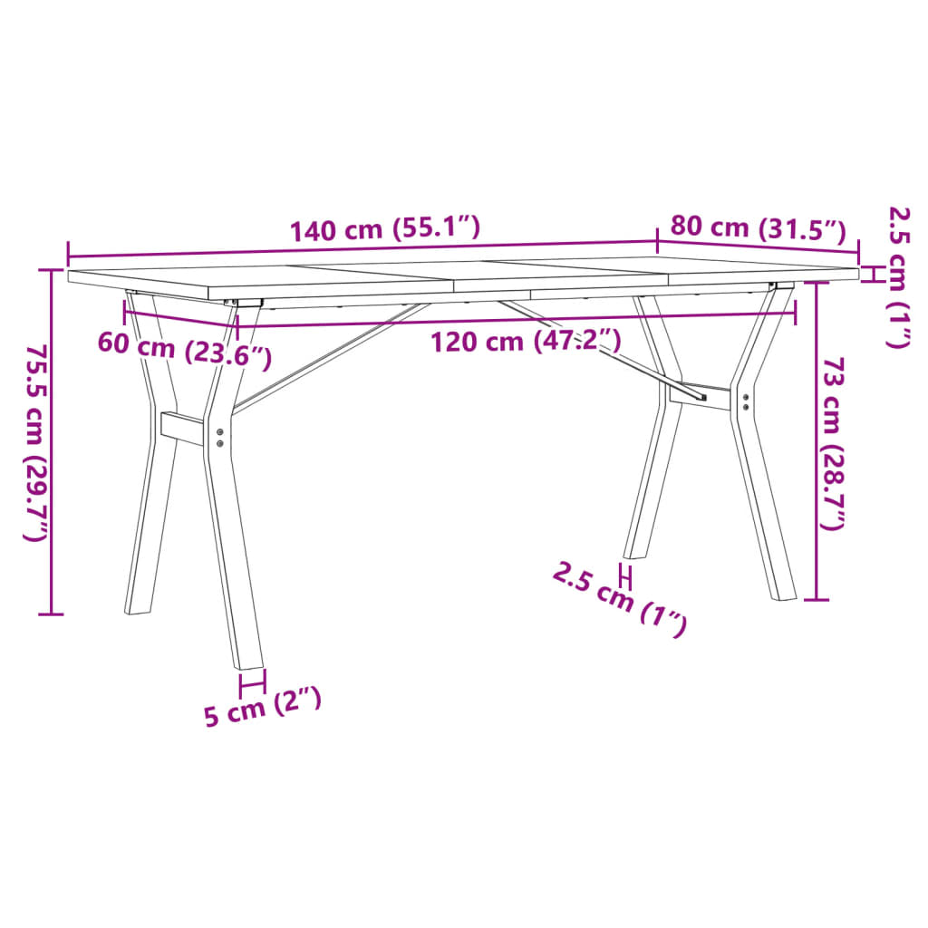 Eettafel Y-frame 140x80x75,5 cm massief grenenhout en gietijzer