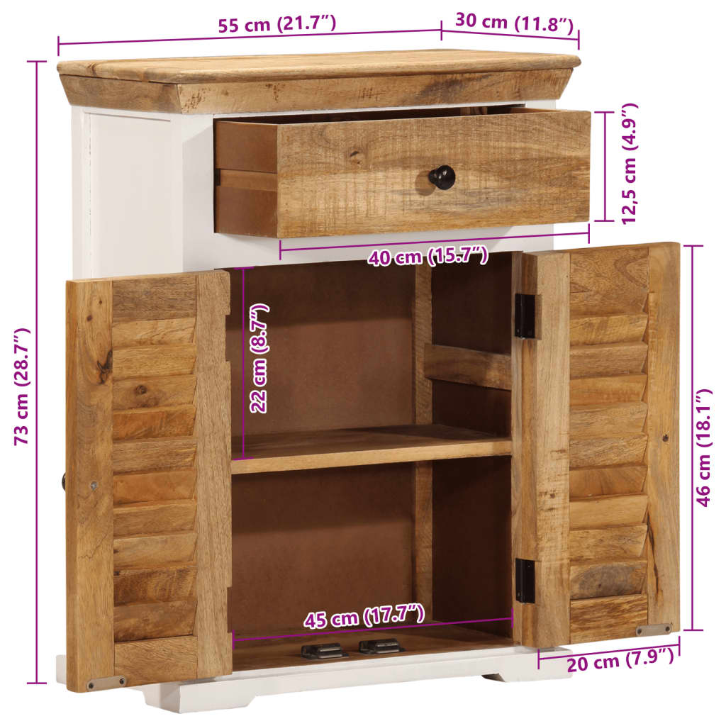 Dressoir 55x30x73 cm massief ruw mangohout wit en bruin