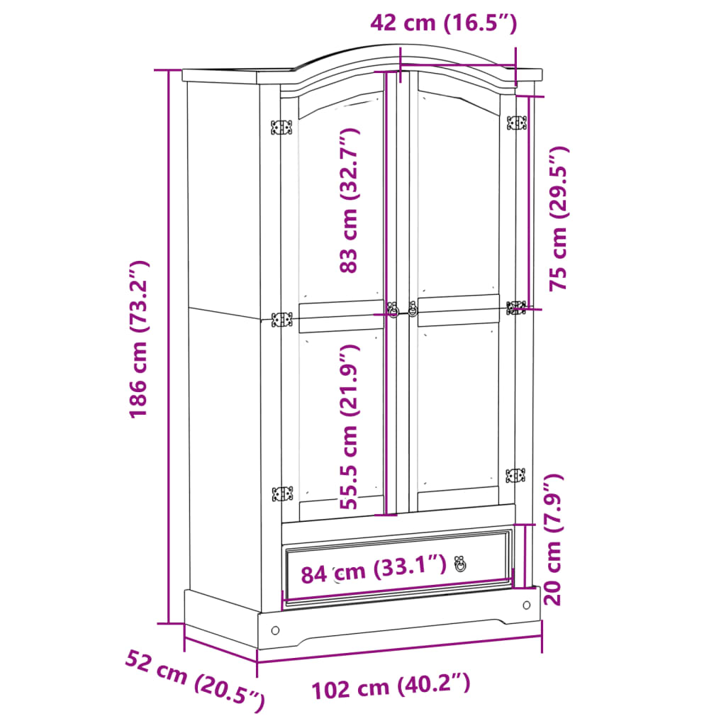 Kledingkast Corona wit 102x52x186 cm massief grenenhout