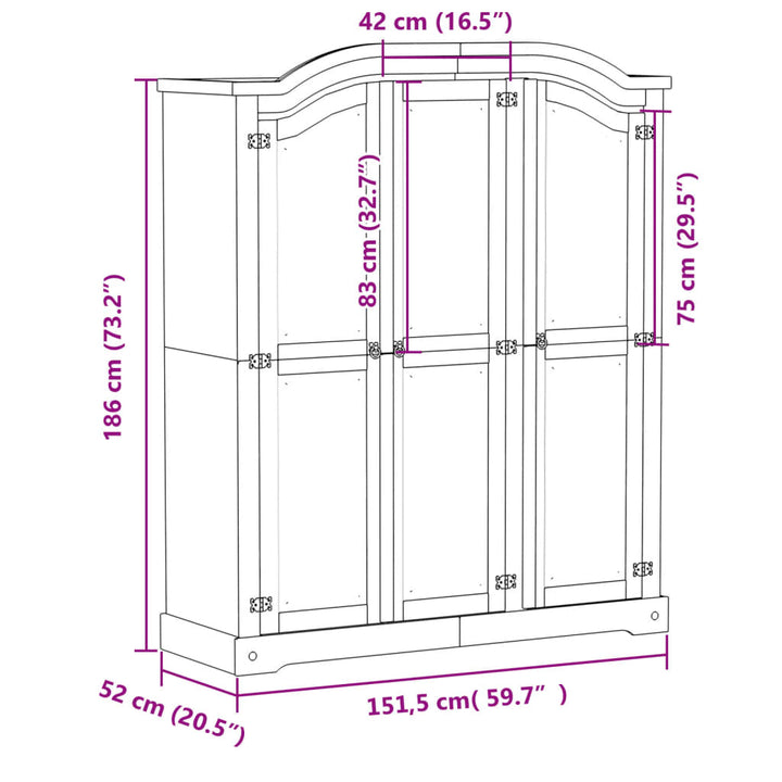 Kledingkast Corona 151,5x52x186 cm massief grenenhout