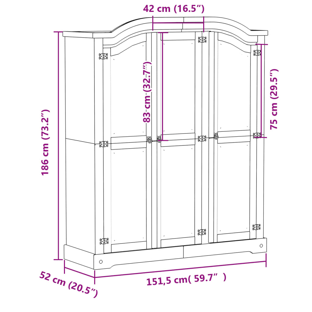 Kledingkast Corona wit 151,5x52x186 cm massief groenhout