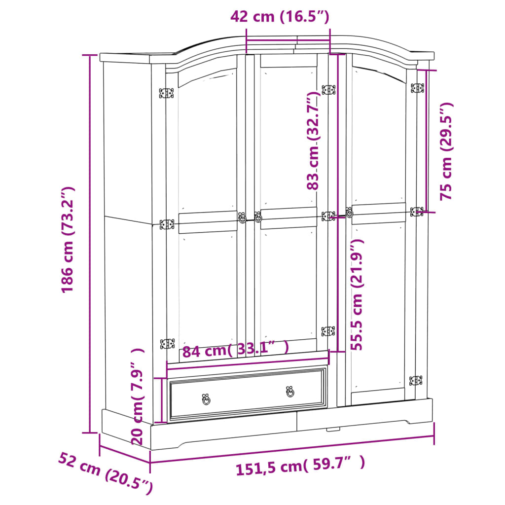 Kledingkast Corona 151,5x52x186 cm massief grenenhout